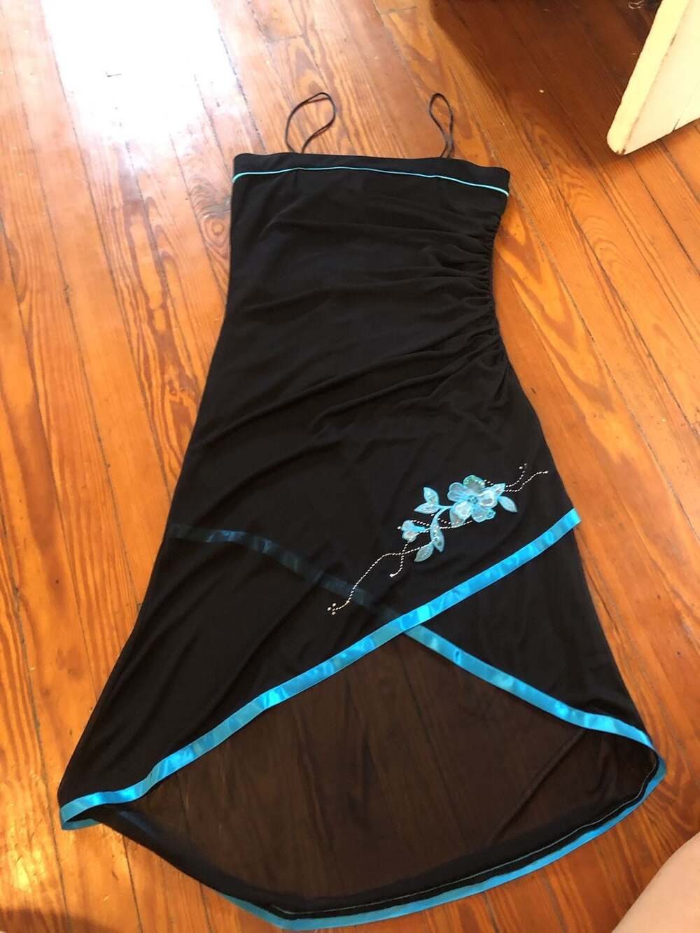 Entrancy Vintage Y2K Black  Dress with Blue Trim and Floral Applique Size M